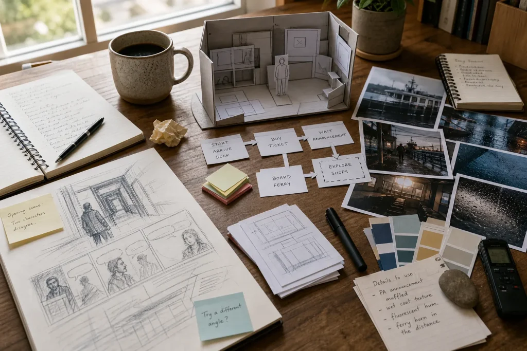 Workspace with storyboards, sketches, flowcharts, photographs, notebooks, and a cup of coffee on wooden table