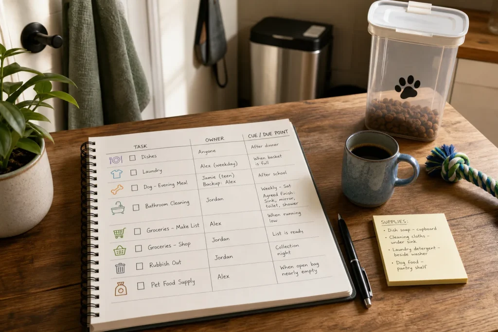 Open household chore list notebook on a wooden table with coffee, pen, sticky notes, and pet food container nearby