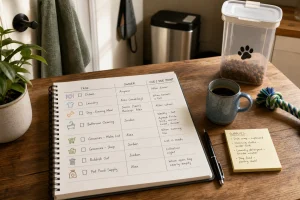 Open household chore list notebook on a wooden table with coffee, pen, sticky notes, and pet food container nearby