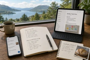 Open notebook with handwritten notes, smartphone and tablet displaying note apps on wooden desk by window with lake view