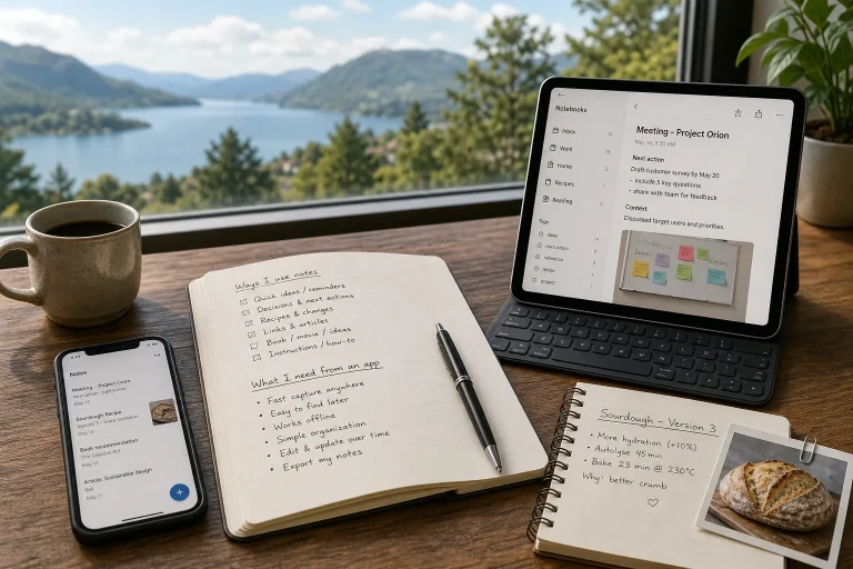 Open notebook with handwritten notes, smartphone and tablet displaying note apps on wooden desk by window with lake view