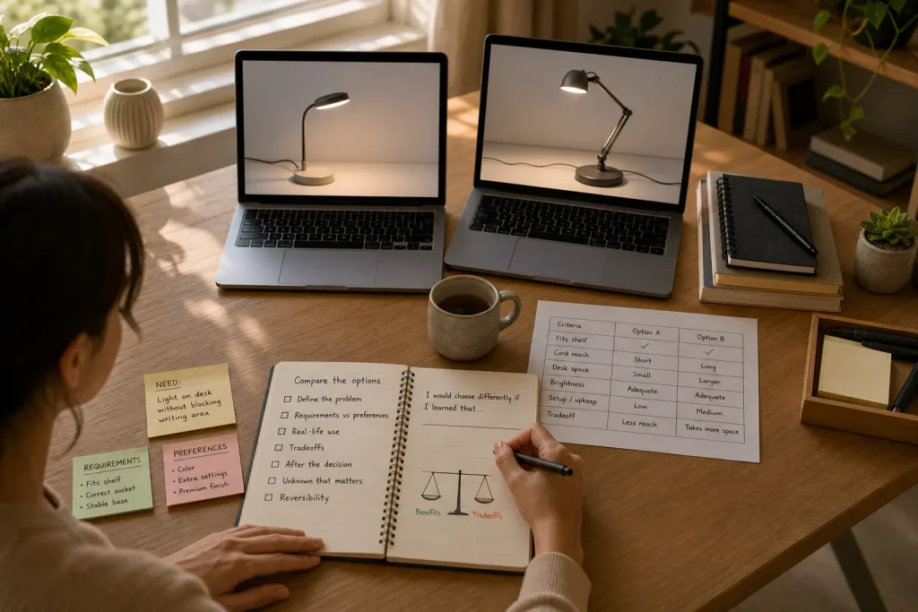 Person comparing two desk lamps displayed on laptop screens with notes and charts on wooden desk