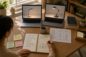 Person comparing two desk lamps displayed on laptop screens with notes and charts on wooden desk