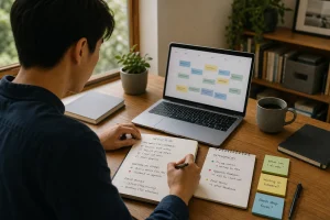 Person writing weekly plan notes at desk with open laptop calendar, sticky notes, and coffee cup nearby